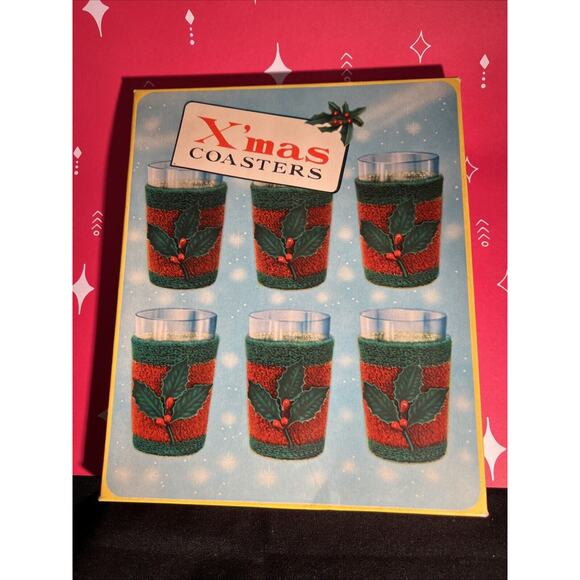 VTG MCM 6 Red & Green Terry Cloth Christmas Koozies W/Holly Original Box - Picture 2 of 4